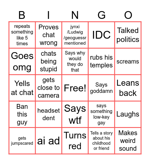 Joe Bingo Card