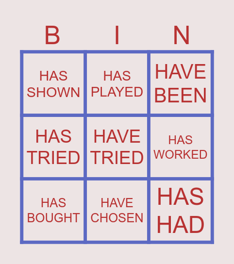 PAST PARTICIPLE VERBS Bingo Card