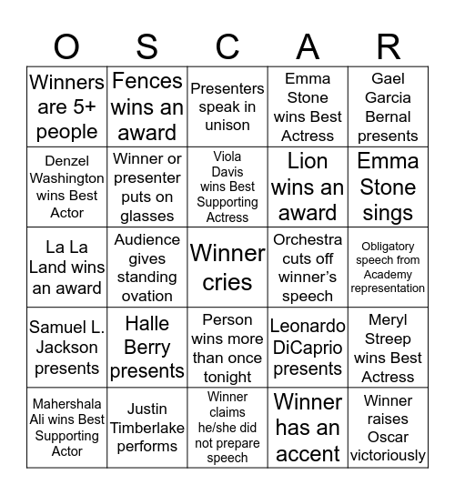 2017 Oscars! Bingo Card