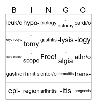 Medical Terminology Bingo Card