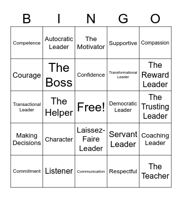 The Seven Styles & 7 C's of Leadership Bingo Card