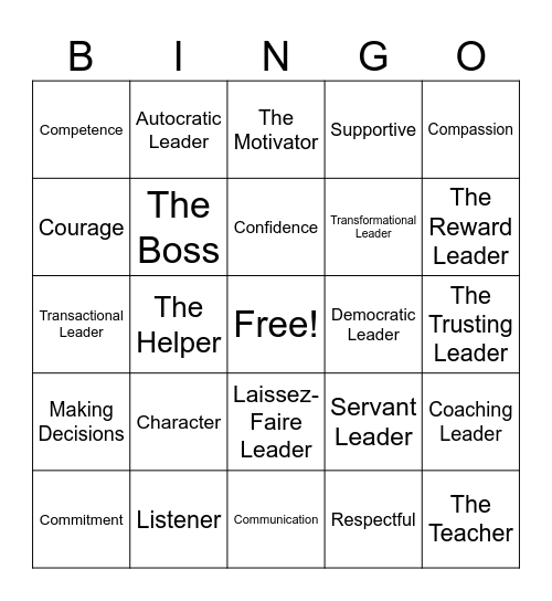 The Seven Styles & 7 C's of Leadership Bingo Card