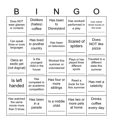 First Days People Bingo Card