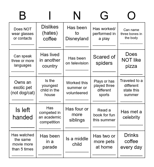 First Days People Bingo Card