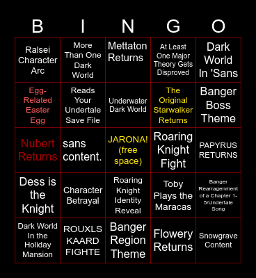 Deltarune Chapter 6 Bingo Card Bingo Card
