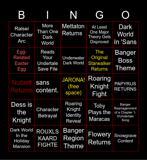 Deltarune Chapter 6 Bingo Card Bingo Card