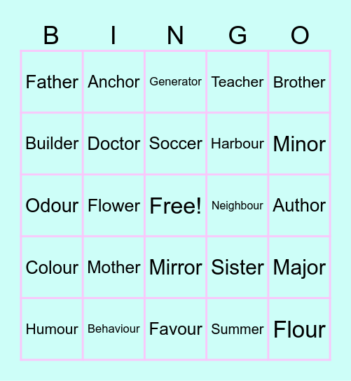 /er/, /or/, /our/ BINGO Card