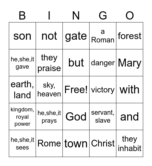 Latin Bingo Card
