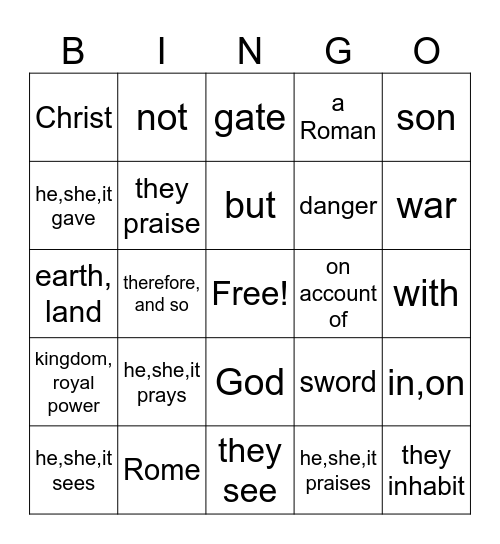 Latin Bingo Card