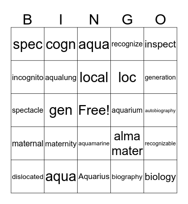 Greek and Latin Roots Through 2.2 Bingo Card