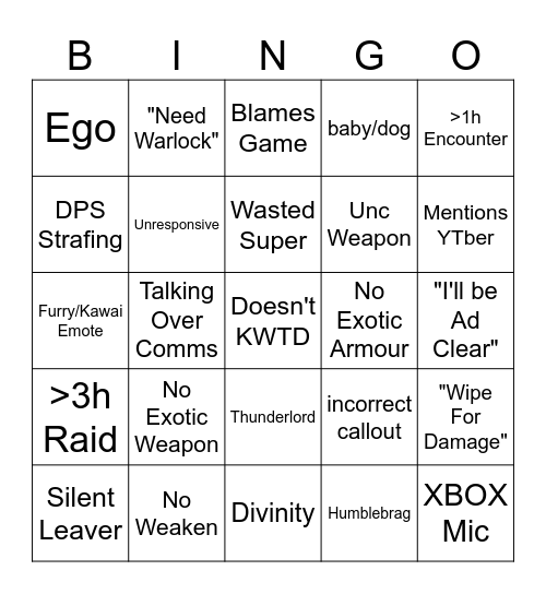 D2 LFG Bingo Card