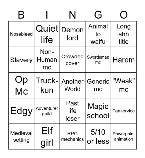 Isekai Slop Bingo Card