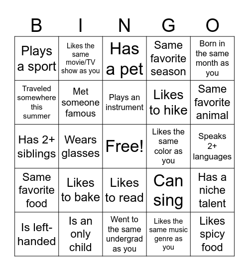 Orientation Bingo Card