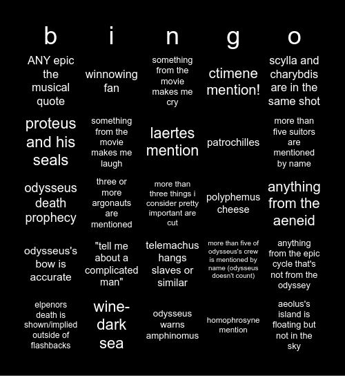 odyssey movie bingo (i havent seen trailers lmao) Bingo Card