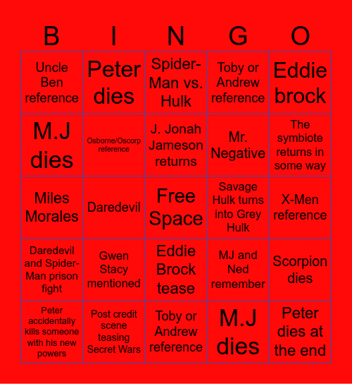 Spider-Man: Brand New Day Bingo Card