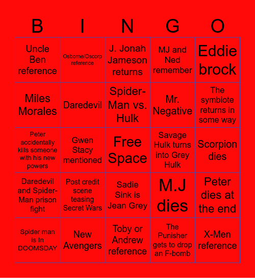 Spider-Man: Brand New Day Bingo Card