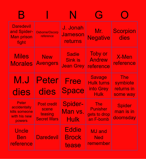 Spider-Man: Brand New Day Bingo Card