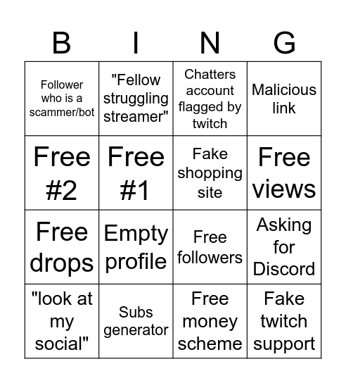 Twitch scams bingo Card