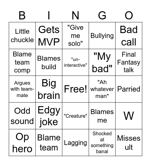Ethan Bingo Card