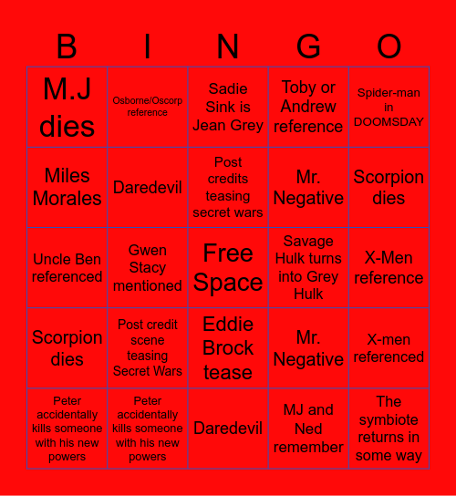 Spider-Man: Brand New Day Bingo Card