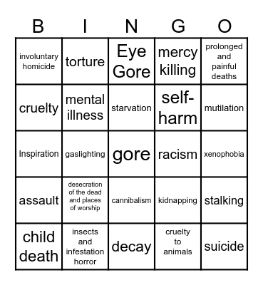 Body Gore Horror Movie Bingo Card