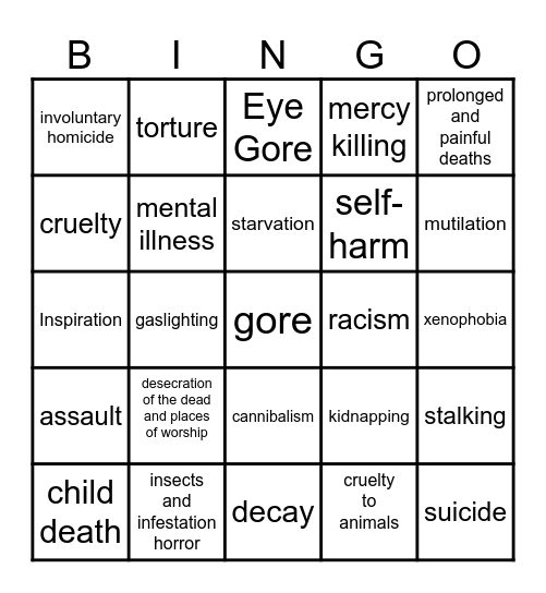 Body Gore Horror Movie Bingo Card