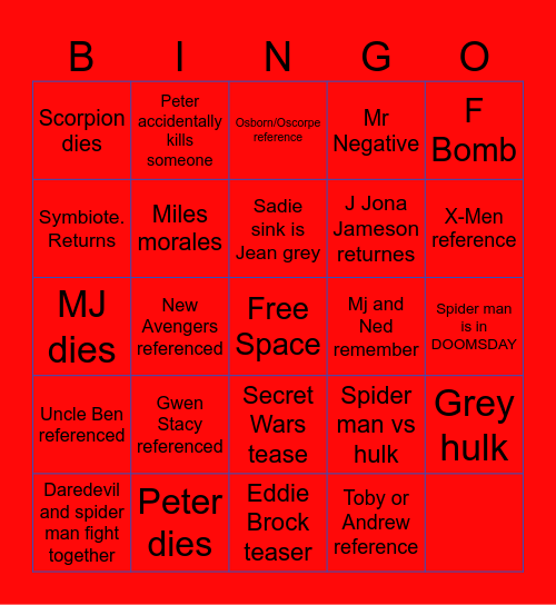 Spider-Man: Brand New Day Bingo Card
