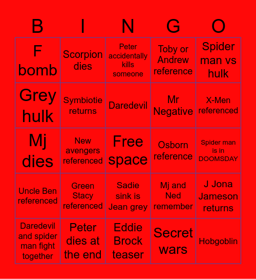 Spider-Man: Brand New Day Bingo Card