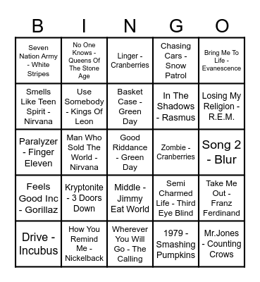 90s/2000s Alt Rock Bingo Card