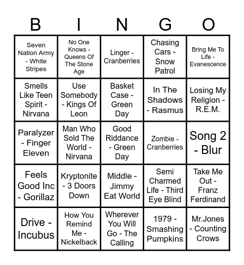 90s/2000s Alt Rock Bingo Card
