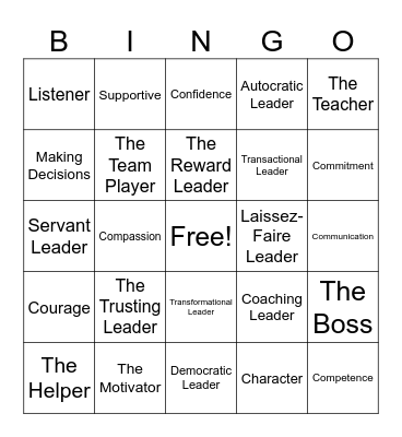 The 7 Styles &  7 C’s of Leadership Bingo Card