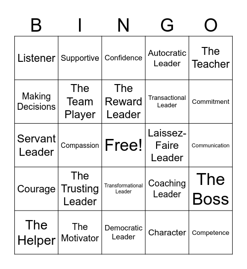 The 7 Styles &  7 C’s of Leadership Bingo Card