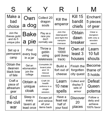 Skyrim Amnesia Bingo Card