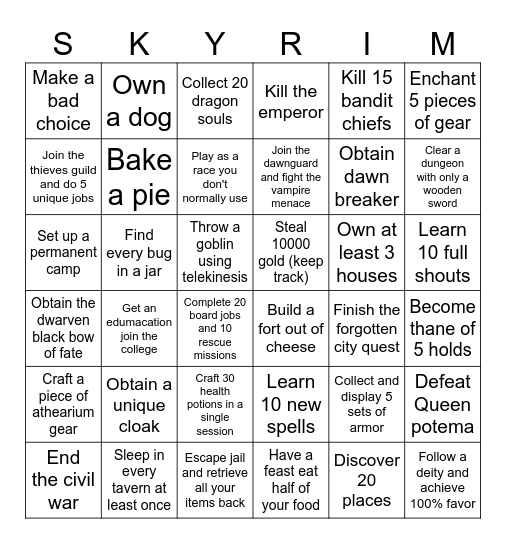 Skyrim Amnesia Bingo Card