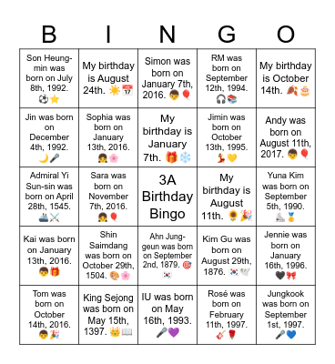 3A Birthday Bingo Card