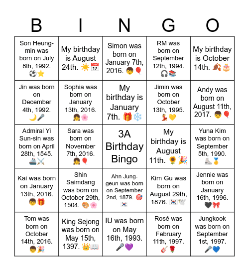 3A Birthday Bingo Card