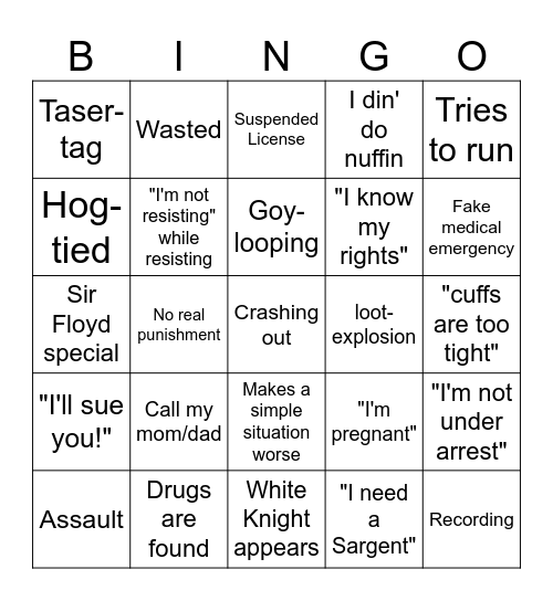 Idiots Getting Arrested Bingo Card