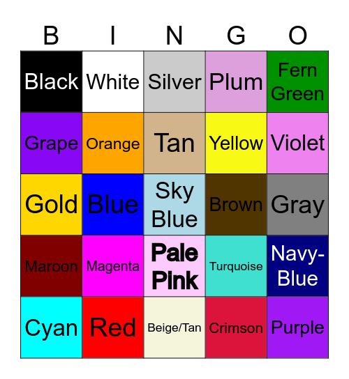 Colors Bingo Card