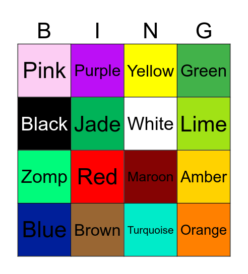 Colors Bingo Card