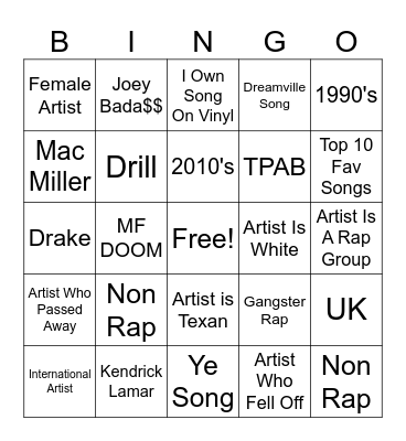 RAP SONGS>>>>>> Bingo Card