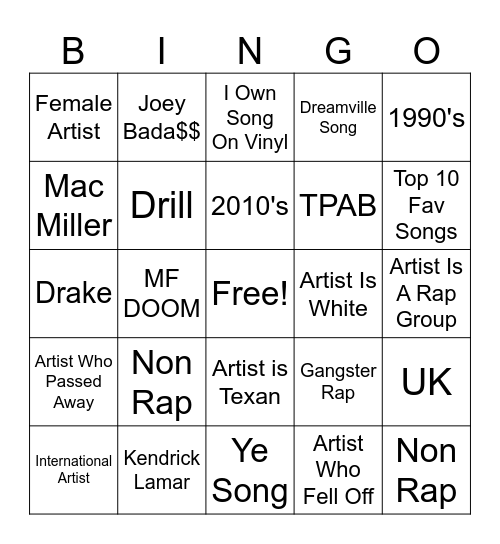 RAP SONGS>>>>>> Bingo Card