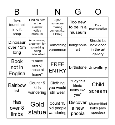 Museum Bingo Card