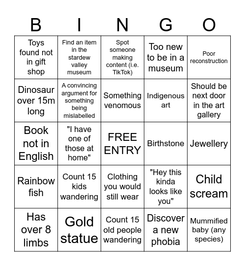 Museum Bingo Card
