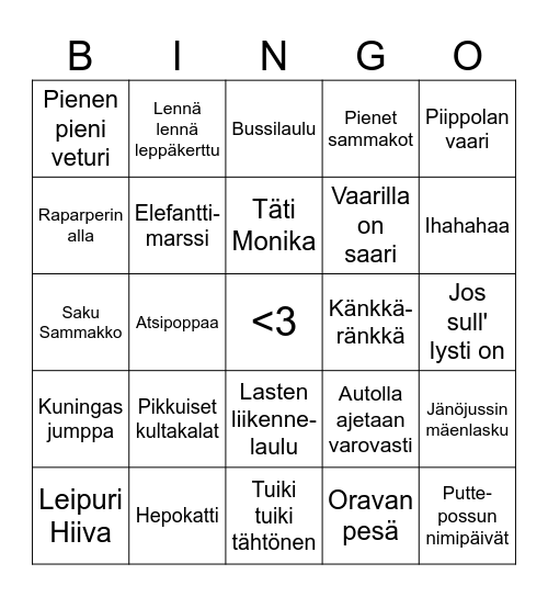 Lastenlaulubingo Card