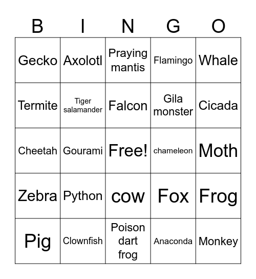 Animal Classification BINGO cards Bingo Card