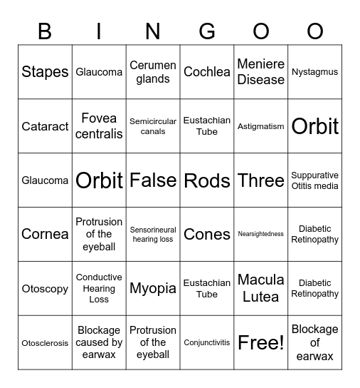 Special Senses Review Bingo Card