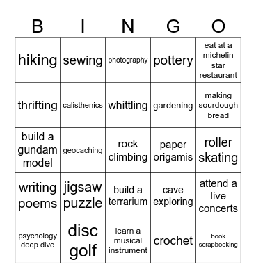 Hobbies Bingo Card