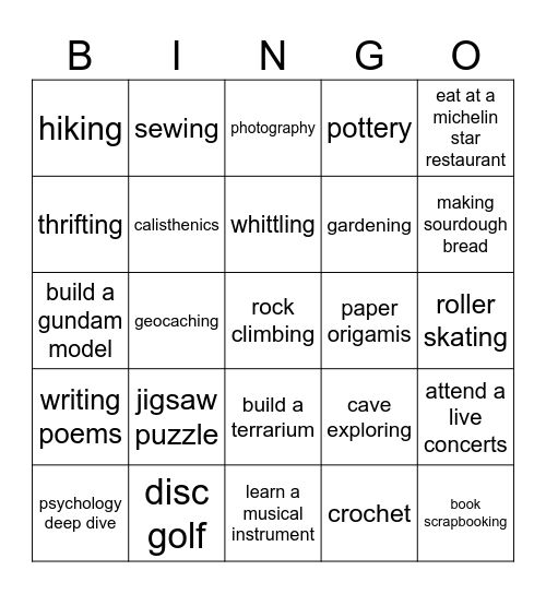 Hobbies Bingo Card
