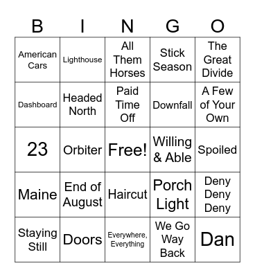 Noah Kahan's Sad Girl Summer Bingo Card