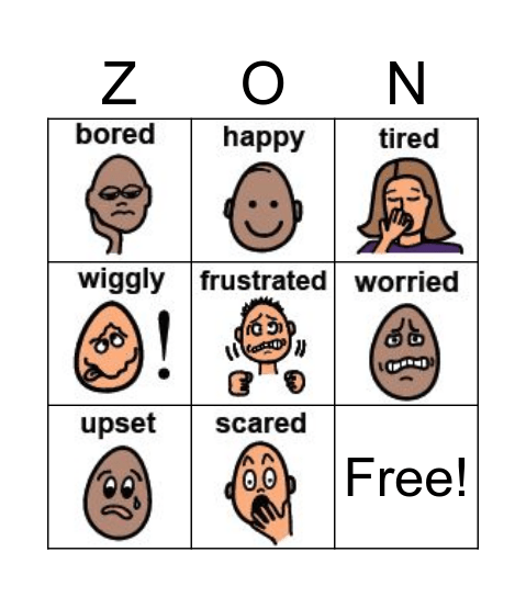 Zones of Regulation Picture Bingo Card